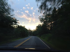 In the car, rushing to see the sunset