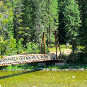 The trail to the hot springs begins with this footbridge over the Lochsa River.